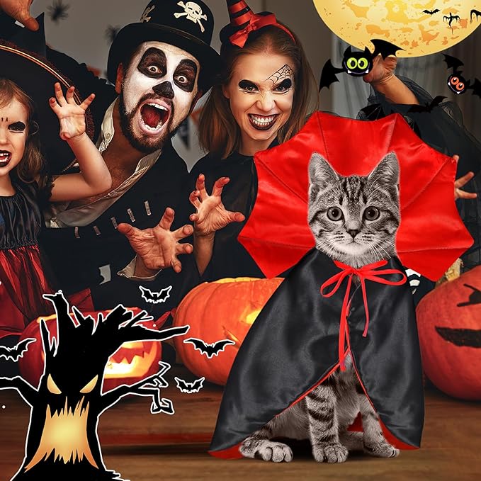 QKURT Cat Vampire Cloak-Pet Halloween Costumes, Dogs Cats Cape, Pet Cosplay Vampire Cloak & Accessories Costume Outfit for Halloween Party (Red,M)