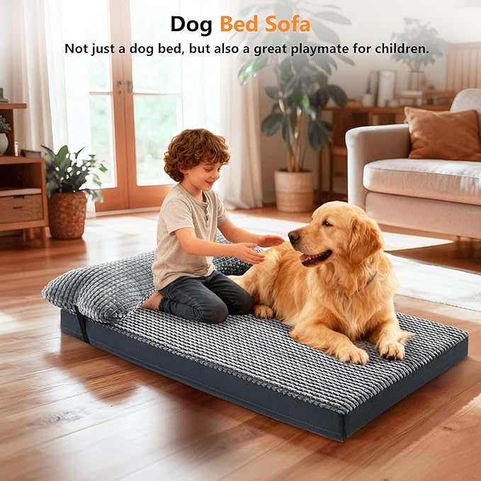 KISYYO Orthopedic XXL Dog Beds for Extra Large Dogs with Removable Washable Cover and Removable Pillow for Crate, Waterproof Extra Large Dogs Mat, Grey, 47x29