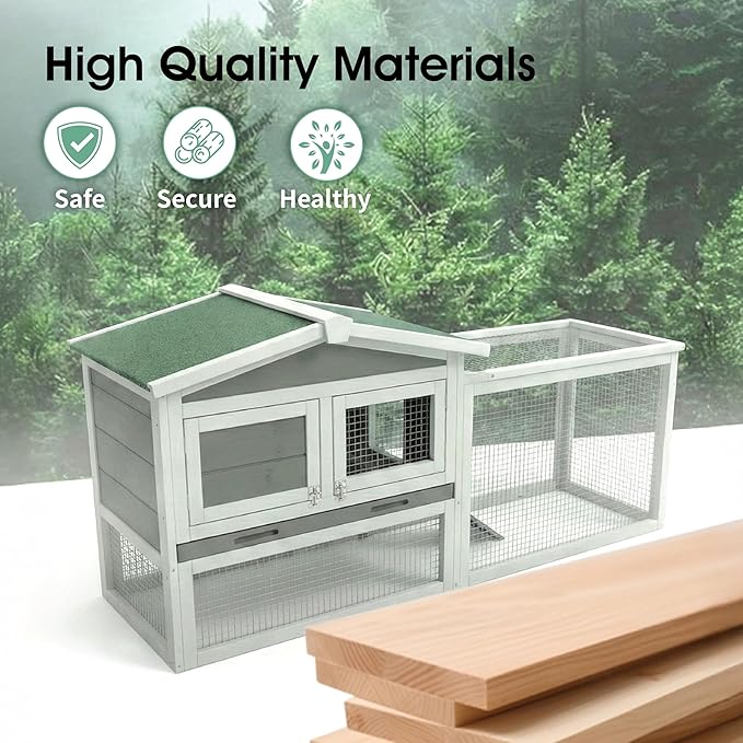 Garvee Wooden Rabbit Hutch Indoor and Outdoor, Rabbit Cage with Removable Wire Netting and Leak Proof Tray, Weatherproof Bunny Cage with Anti-Chew Metal Frame Ramp for Small Animals Grey