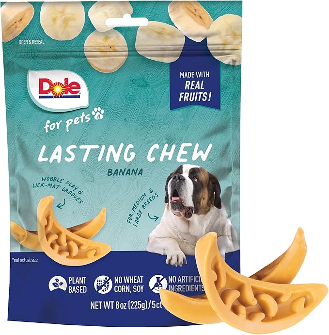 Dole for Pets Freshly Fetched Lasting Chew Banana Flavor Dog Treats, Medium and Large Breeds, No Wheat, Corn, Soy, Artificial Flavors, Colors, or Animal Products, 8 Ounces, 5 Chews