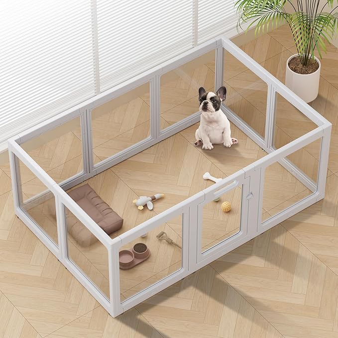 Clear Acrylic Dog Playpen Indoor, Puppy Cat Small Pet Play Pen, Pet Cat Playpen for Rabbits, Dog Fence Crate Kennel Whelping Cage (Grey, 10 Panel)