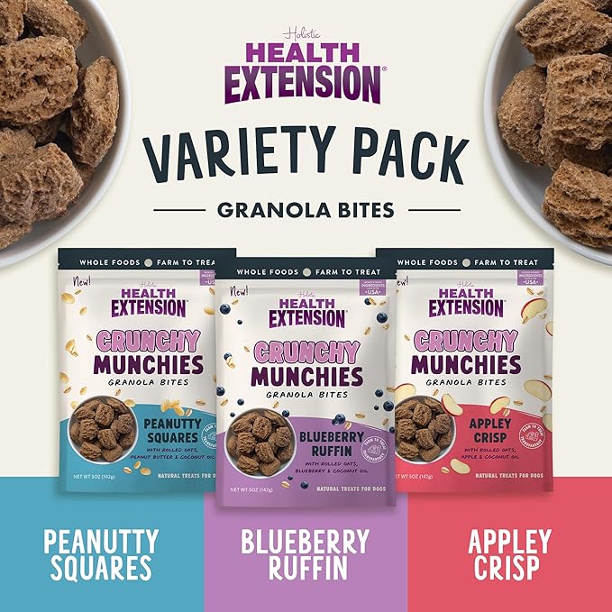 Health Extension Crunchy Munchies Granola Bites Appley Crisp Flavor, Natural Limited Ingredient Dog Treats with Rolled Oats & Coconut Oil, Made in The USA (5oz Bag)