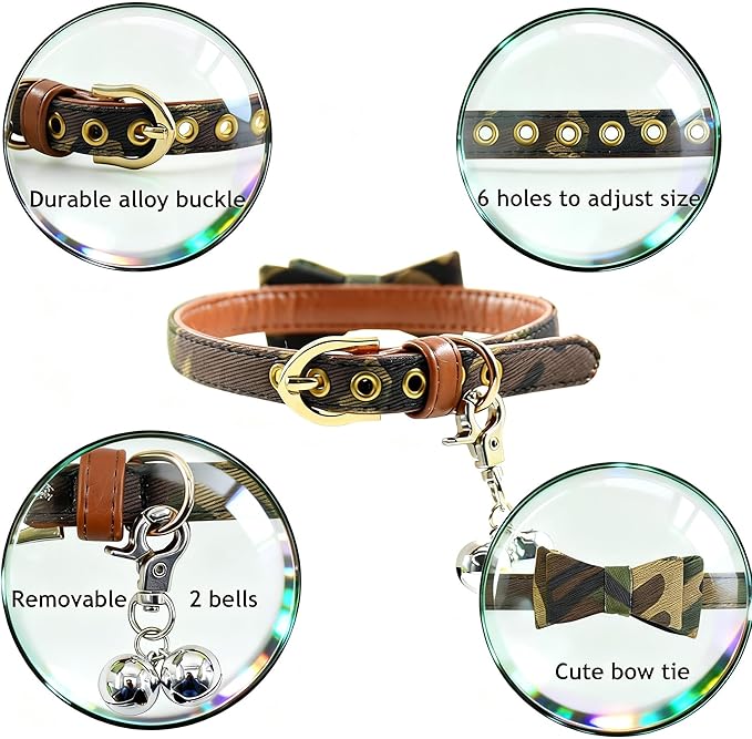 3PCS Bow Tie Dog Collar and Leash Set Plaid/Camo/Dots/Flower Dog Bandanas with Bell 3 Size Adjustable for Small Dogs Puppies and Cats (XS, Camo 1)