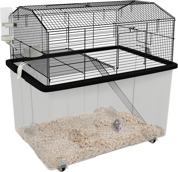 PawHut Hamster Cage, Gerbil Cage 2 Tier with Wheels, Deep Bottom, Ramp, Food Dish, Water Bottle, for Dwarf Hamster, 57 x 43 x 57cm - Black