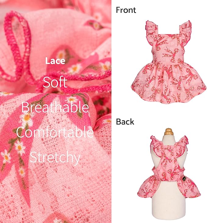 Fitwarm Ruffle Sleeves Bowknot Dog Dress, Birthday Clothes for Small Dogs Girl, Pet Outfit, Pink, Medium