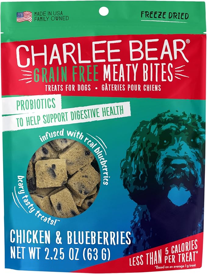 Charlee Bear Grain Free Meaty Bites Freeze Dried Dog Treats, Chicken and Blueberries, 2.25 Ounce Resealable Bag, Training Treats or Meal Topper Dogs, High Protein Dog Snacks, Made in USA