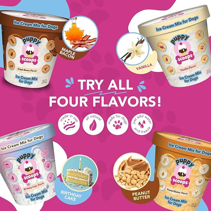 Puppy Scoops Dog Ice Cream Mix (Peanut Butter Flavor), 4.65 oz - Just Add Water and Freeze at Home, Powder Mix with Ice Cream Cup and Reusable Lid - Made in USA