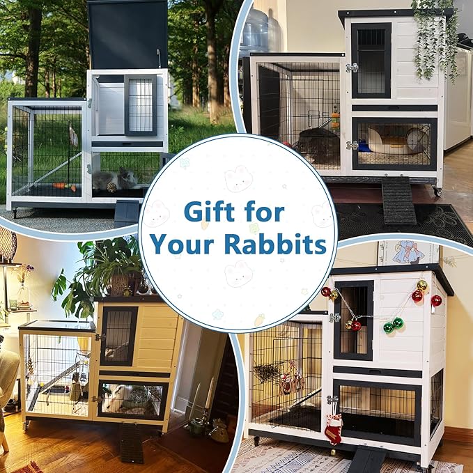 FunXplore 2-Tier Rabbit Hutch, Indoor & Outdoor Mobile Bunny Cage with Urine Guards, Weatherproof Asphalt Roof, 2 Pull Out Trays, Sturdy Small Animal Cage for Guinea Pig