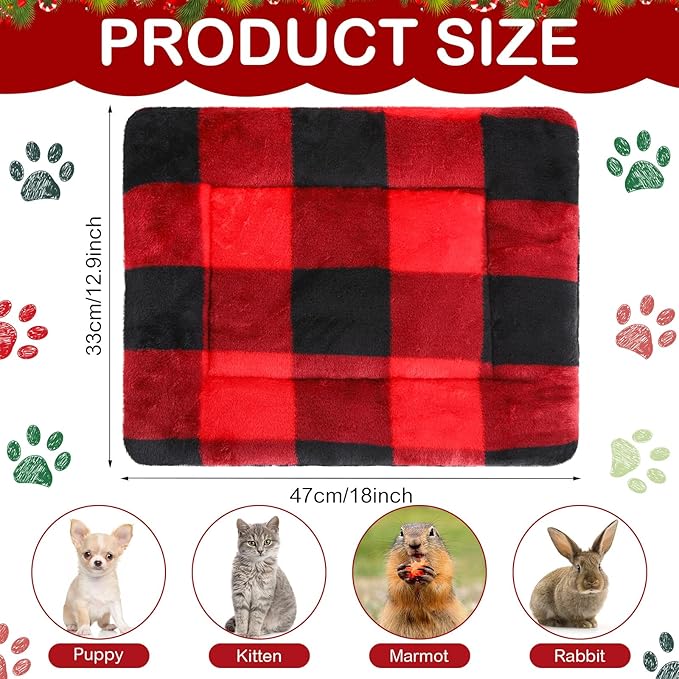 Haull 4 Pcs Waterproof Guinea Pig Bedding Guinea Pig Bed Plush Cage Liners Soft Rabbit Dog Crate Pad Cat Mat Reversible Cozy Animal Pee Pad Hamster Bunny Mat Accessory(Christmas Plaid,13 x 18.5 Inch)