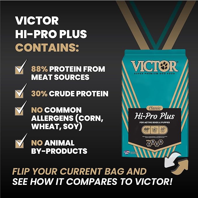 VICTOR Super Premium Dog Food – Hi-Pro Plus Dry Kibble – High Protein Dog Food with 30% Protein – Beef, Chicken, Pork, Fish Meals, Gluten Free - for High Energy and Active Dogs & Puppies, 15lbs