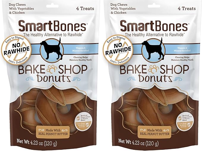 SmartBones Bake Shop Donuts with Peanut Butter, Treat Your Dog to Rawhide-Free Chews, 4 Count (Pack of 2)