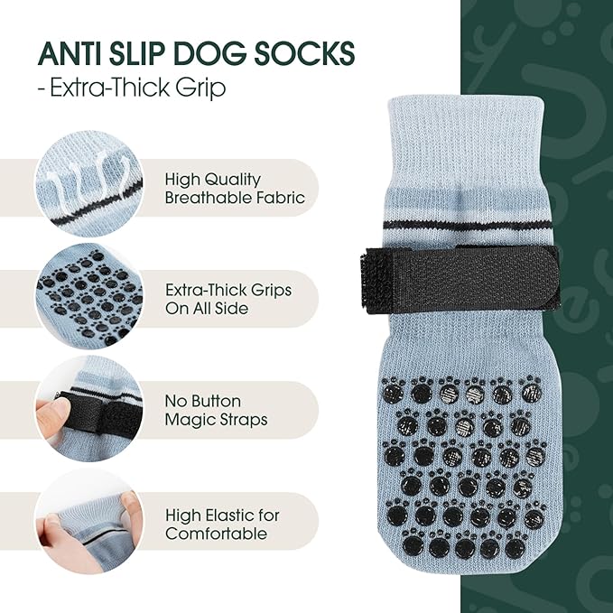 Kuoser Dog Socks, Non-Slip Dog Grip Sock for Hardwood Floors, No Twist Dog Boots & Paw Protectors 4 Pcs Anti-Scratch Hot Pavement Winter Snow Socks for Small Medium Large Senior Dogs, Grey XS