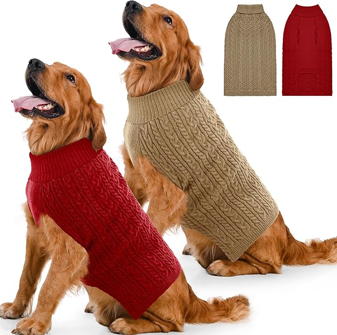 2 Pack Dog Sweaters for Large Dogs Winter Turtleneck Pullover Cable Knit Fleece Stretch Pitbull Labrador Golden Retriever Doberman Bulldog Boy Girl Pet Clothes (XL, Red & Brown)
