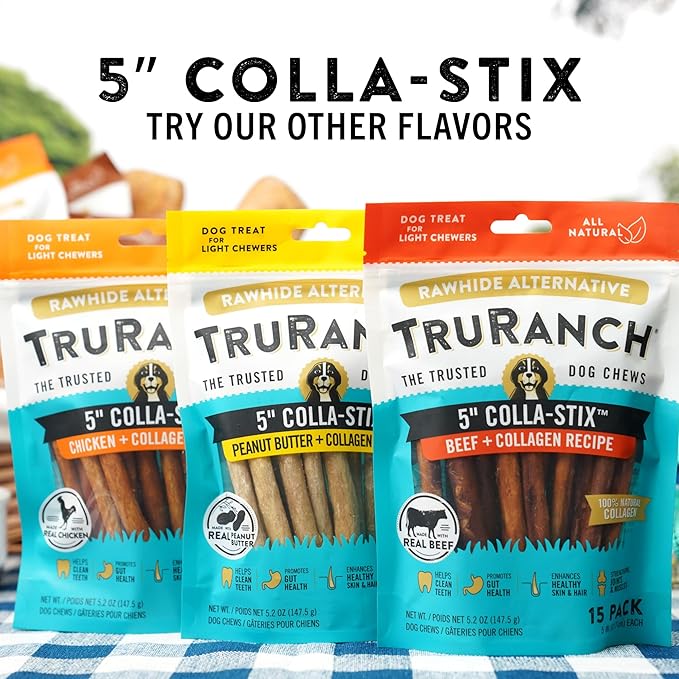 TRURANCH Collagen Sticks - 5" Collagen Sticks for Dogs - Long Lasting Healthy Joint Support - Rawhide Alternative - Skin & Coat Health - Made with Real Chicken, Value Pack, 3 Bags, 45 Count