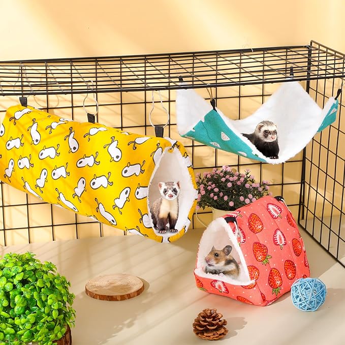 Abbylike 9 Pieces Rat Guinea Pig Hanging Hammock Ferret Cage Accessories Small Pet Hideout Tunnel Cave Hanging Hammock Hamster Toy Accessories for Ferret Hamster Chinchilla(Strawberry)