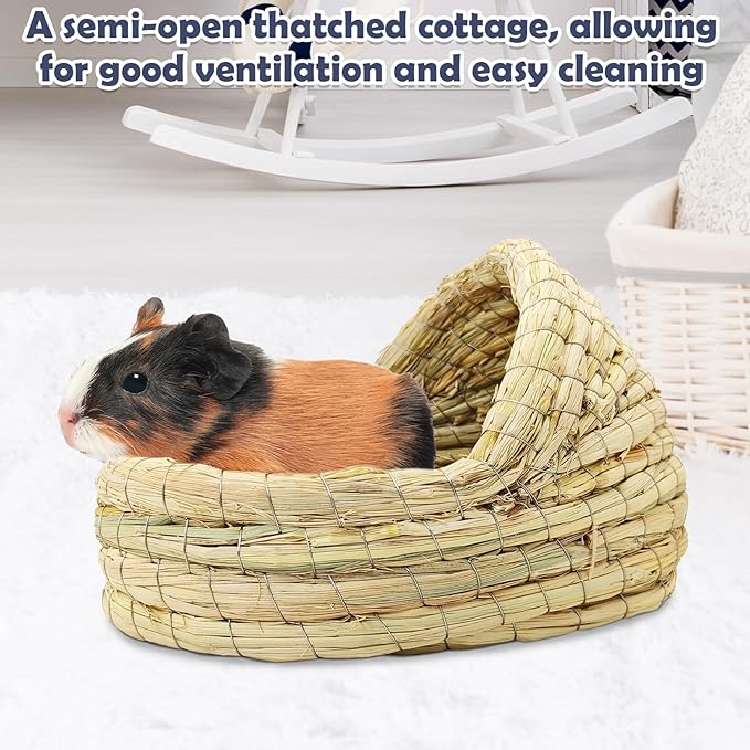 kathson Guinea Pig Grass House Guinea Pig Hideout Bunny Woven Hay Bed Hand Woven Natural Grass House for Hamster Bunny and Small Animals with Hay Chew Balls Toys(Small)
