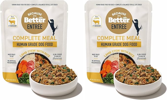 Because it's Better Entrée Complete Meal, Lamb Stew with Rice, Human Grade Wet Dog Food, 10 oz Pouches, 6 Count (Pack of 2)