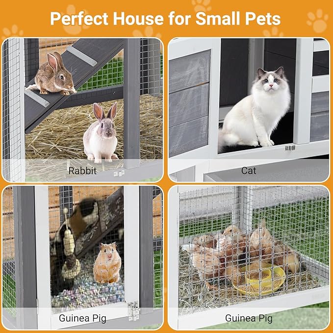 Garvee 48'' Bunny Hutch Indoor with 1 Leak-Proof Trays, Waterproof Roof Rabbit Hutch Indoor/Outdoor, 2-Tier Wooden Bunny House, Gray and White