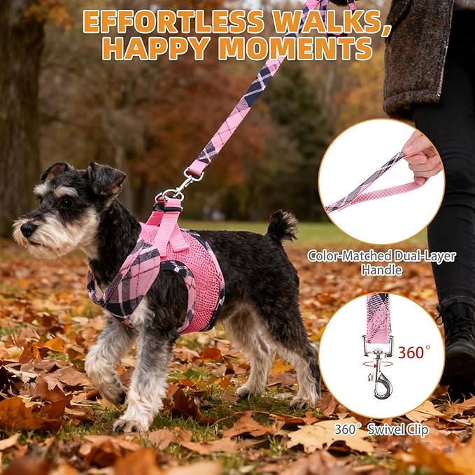 KOOLTAIL Small Dog Harness and Leash Set, Cute Pink Girl Puppy Harness, Step in No Pull Soft Mesh Pet Vest Harness Collar for Small Size Dogs Cats, Plaid Dog Halters for Outdoor Walking, Pink XS