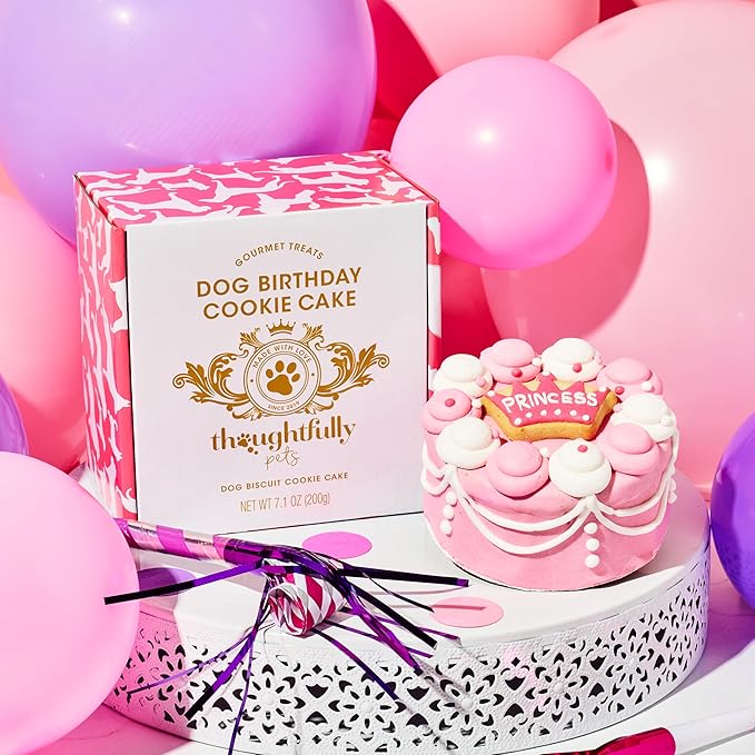 Thoughtfully Pets, Pink Princess Dog Birthday Gourmet Mini Cookie Cake, Peanut Butter Flavored, Hand Decorated Hollow Biscuit Cake for Any Breed