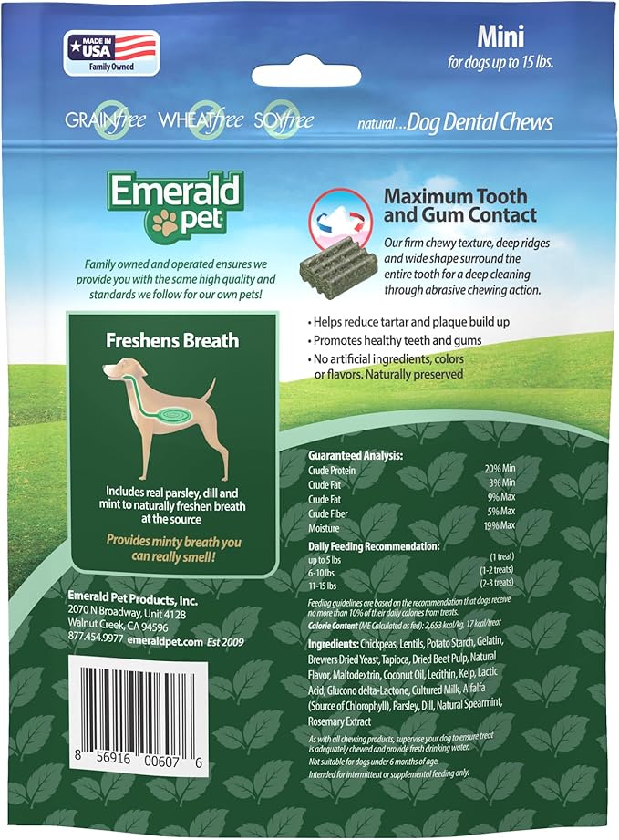 Emerald Pet Fresh Smileezz Grain Free Dog Dental Treats — Minty Fresh Breath and Clean Teeth for Puppies and Small Dog Breeds — Made in USA Mini, 12 Oz