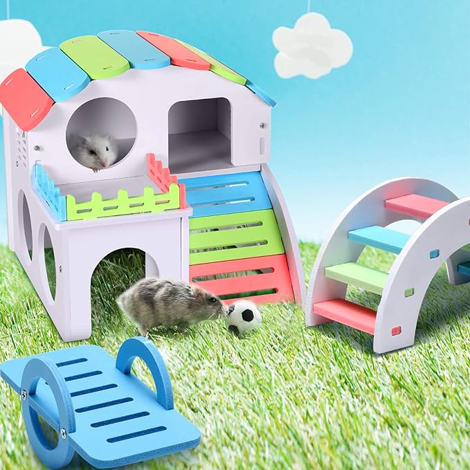 3 Pieces Fun Hamster Guinea Pig Hideout Kit Include PVC Hamster House, Rainbow Bridge, Seesaw DIY Exercise Playhouse for Rats Mouse Small Animals(Large,Rainbow Color)
