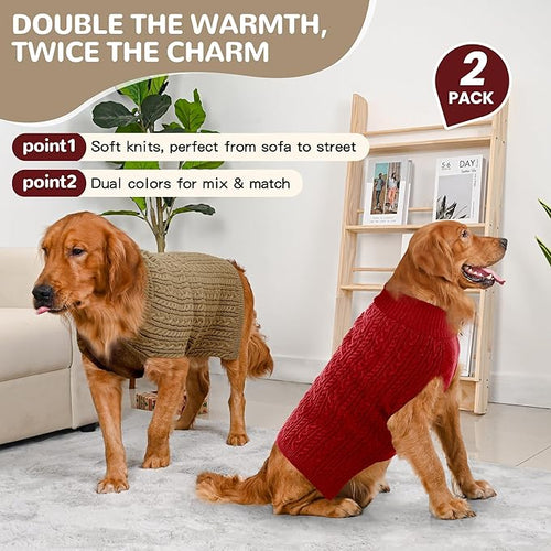 2 Pack Dog Sweaters for Large Dogs Winter Turtleneck Pullover Cable Knit Fleece Stretch Pitbull Labrador Golden Retriever Doberman Bulldog Boy Girl Pet Clothes (XL, Red & Brown)