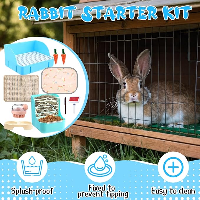 Honeydak 10 Pcs Rabbit Starter Kit Small Litter Box Bunny Grooming Kit Scratch Pads Hay Feeder Bowl Ice Pad with Bunny Toys for Guinea Pig Rabbit Accessories (Blue)