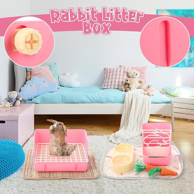 Honeydak 10 Pcs Rabbit Starter Kit Small Litter Box Bunny Grooming Kit Scratch Pads Hay Feeder Bowl Ice Pad with Bunny Toys for Guinea Pig Rabbit Accessories(Pink)