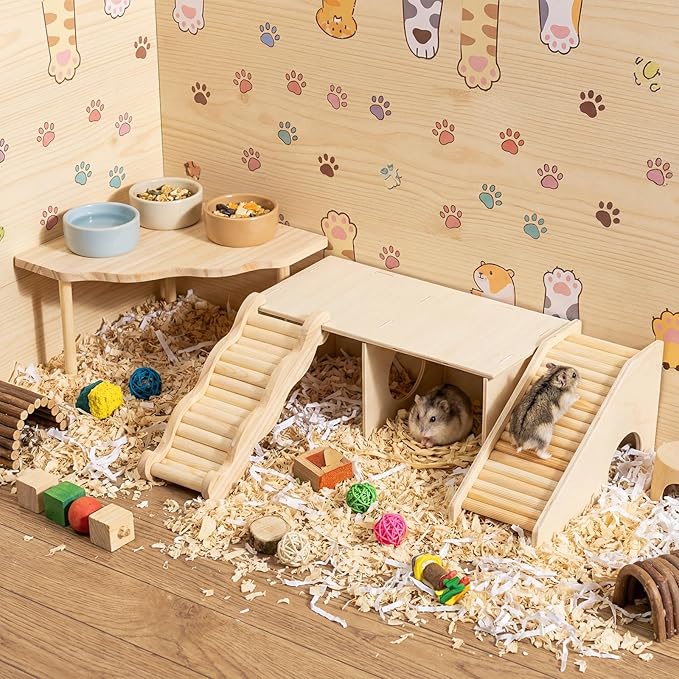 BreezeHug 4 Pcs Hamster Platform Hideout Wooden Tunnel Ladder Playhouse Hamster Game Climbing Toy with Platform Cage Accessories for Small Pets Dwarf Syrian Mice Degus Gerbils Squirrel(Peek)