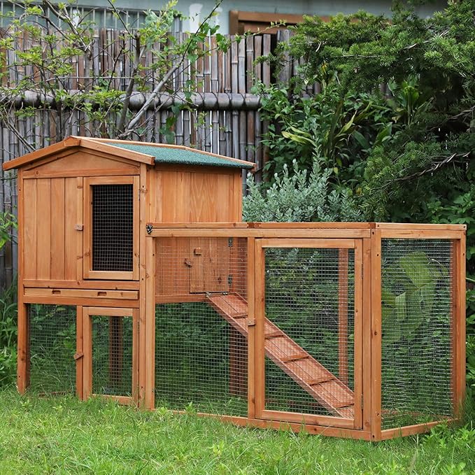 Ogrmar Chicken Coop Large Wooden Outdoor Bunny Rabbit Hutch Hen Cage with Ventilation Door, Removable Tray & Ramp Garden Backyard Pet House Chicken Nesting Box