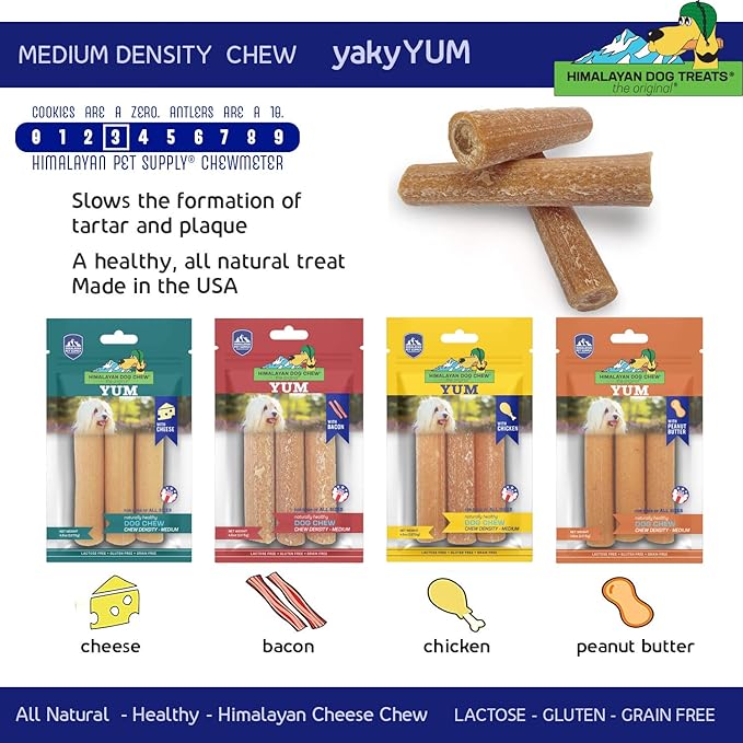 Himalayan Dog Chew Yak Cheese Dog Chews, Lactose Free & Grain Free, USA Made, For All Dog Breeds, Medium Density Cheese Chew, Resealable Pouch with 3 YUM Treats, Bacon Flavor