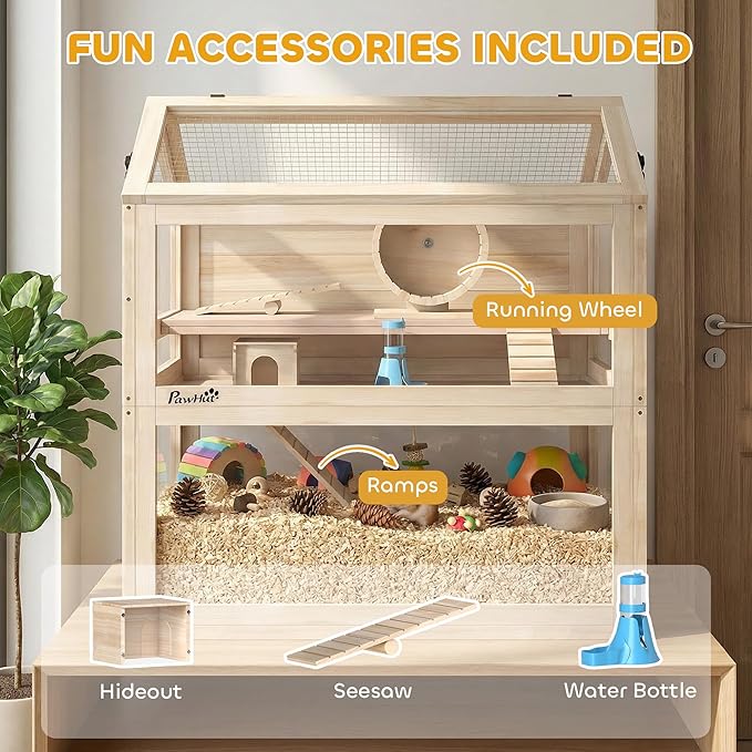 PawHut Wooden Hamster Cage, 3-Tier Small Animal Cage with Hut, Seesaw, Ramps, Exercise Wheel, Acrylic Panel and Bottom Tray, Dwarf Hamster Habitat for Small Geibil, Mice, 30" x 18" x 30"