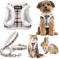 GAMUDA Small Dog Harness Collar and Leash Set, Step in No Chock No Pull Soft Mesh Adjustable Dog Vest Harnesses Plaid Reflective for Dogs Puppy Cats Kitten Rabbit (Warm Beige, L)