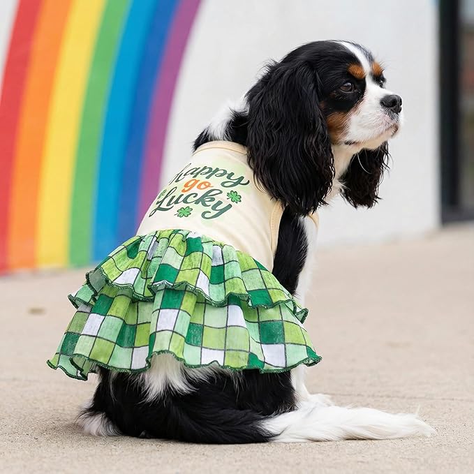 Fitwarm Happy Go Lucky Dog Dress, St Patricks Day Dog Clothes for Small Dogs Girl, Funny Pet Outfit, Green, Light Yellow, XXS