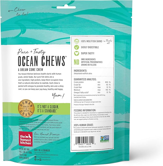 The Honest Kitchen Human Grade Ocean Chews™ Hearty Wolffish Skins Dog Treats,3.25 oz (Beams™),(Pack of 2)