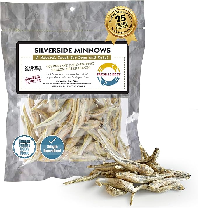 Fresh Is Best Silverside Minnows Freeze Dried Dog Treats – Raw Freeze Dried Cat Treats in Resealable Zipper Bag – High-Protein Minnows for Cats and Dogs – Made in The USA