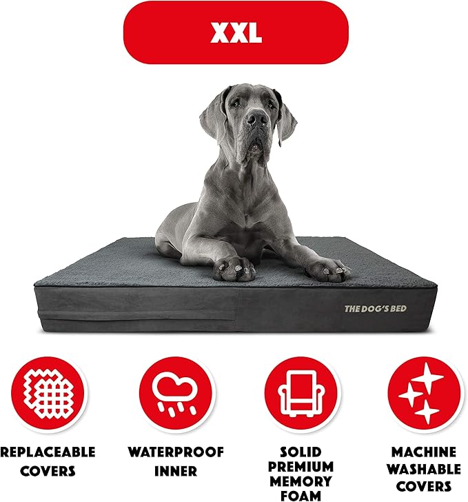 The Dog’s Bed Orthopedic Memory Foam Dog Bed for XXL Dogs, Waterproof Washable Cover, Anti-Slip Base, Calming Surface – CertiPUR-Certified Foam, Grey Plush, 6 Inch Thick
