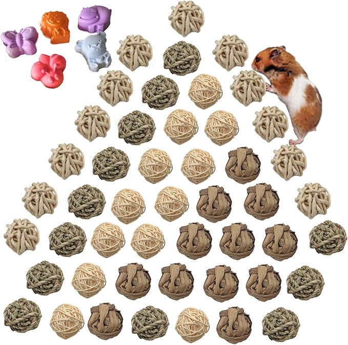 Hamiledyi 48PCS Rabbit Grass Balls 1.96in Guinea Pig Balls Small Animal Activity Enrichment Toy for Bunny Chinchilla Hamster Gerbil Grinding Playing