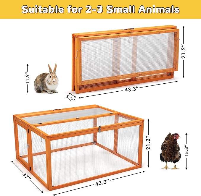 COZIWOW Chicken Coop Pen Portable Wooden Rabbit Hutch - Folding Indoor & Outdoor Chicken Cage Brooder with UV-Proof Panel, Top and Side Openable Doors, Includes 4X Garden Stakes, 43.3 Inch (Orange)
