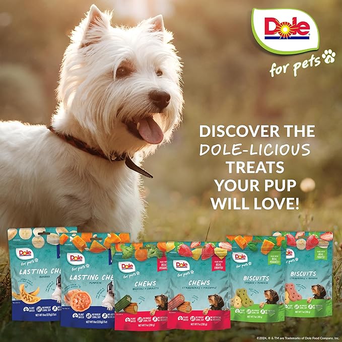 Dole for Pets Dog Biscuits Assorted Banana + Strawberry Mix, Real Fruit Flavor Vegan Crunchy Treats, No Wheat Corn Soy or Artificial Additives, Bite Size Training Snacks for Dogs, 7 Oz