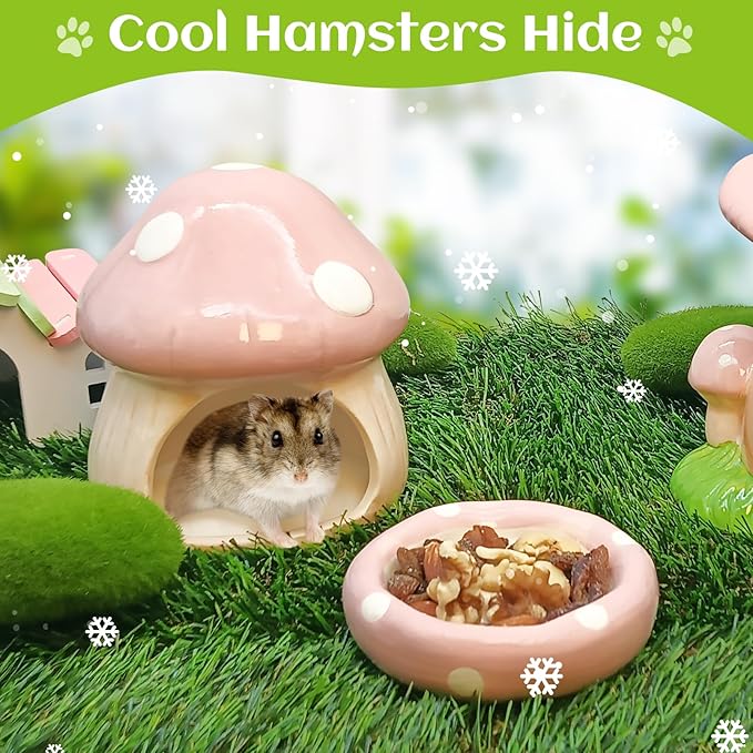 BNOSDM Ceramic Hamster Hideout and Food Bowl Set Cute Mushroom Shape Hamster House and Habitat Cool Hamsters Hide Suitable for Syrian, Mice, Dwarf Hamsters, Gerbils (Pink)