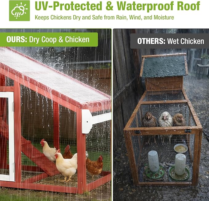 GUTINNEEN Chicken Coop with Wheels, Expandable Hen House Poultry Cage with Run, UV-Protected Roof, Divided Nesting Boxes, Easy One-Person Move, Ideal for 2 Adult Chickens or 4 Bantams, 72.3" L, Red