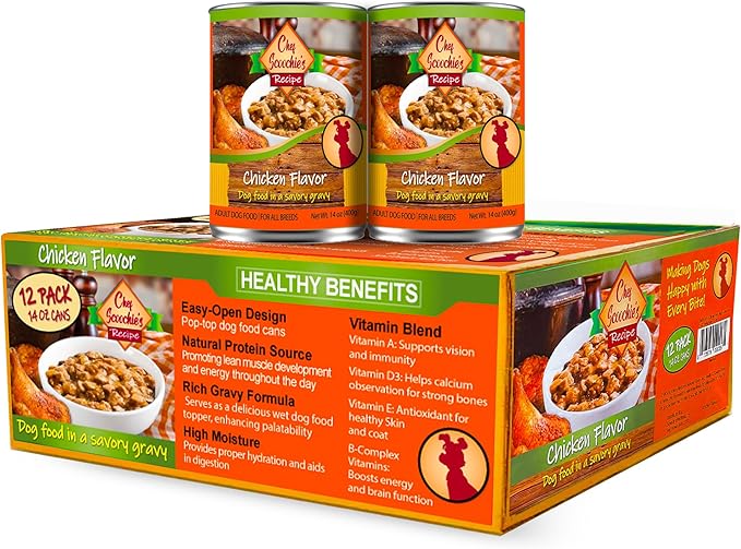 Scoochie Pet Products Chef Scoochie's Chicken Dog Food in Rich Gravy Natural Wet Food - Easy Open Pop-Top Cans for Grown Dogs - Complete Meal or Food Topper 12 Cans (14 oz e.)