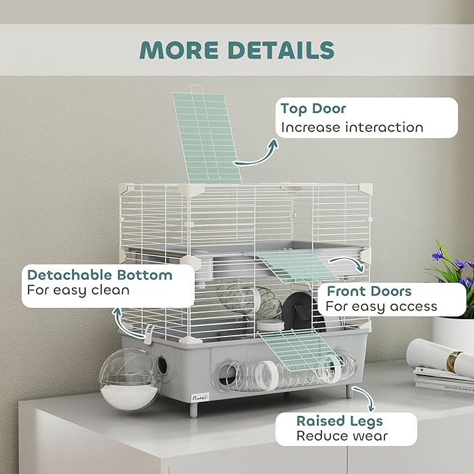 PawHut 2-Tier Hamster Cage, Small Animal Cage with Running Wheel, Tubes, Sand Bathroom, Water Bottle, Hamster Habitat with Accessories, 17.5" x 11" x 17", Gray