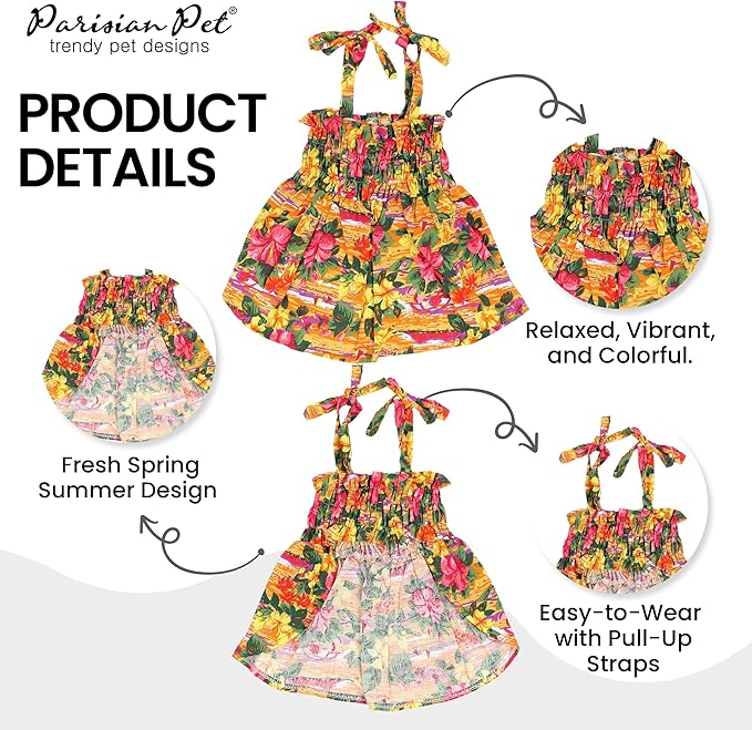 Parisian Pet Hawaiian Dog Dress - 100% Cotton Summer Clothes for Small Dogs Girl - Pet Dress with Pull-Up Straps - Floral Beach Dog Outfit - Lightweight Puppy Clothes - Stylish Dresses for Dogs