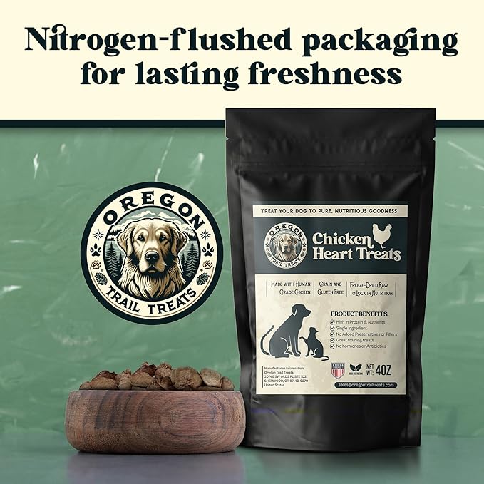 Oregon Trail Treats Freeze Dried Chicken Hearts 4oz - Premium Single Ingredient Cat & Dog Chicken Treats - No Preservatives, Zero Gluten or Grain - Made in The USA