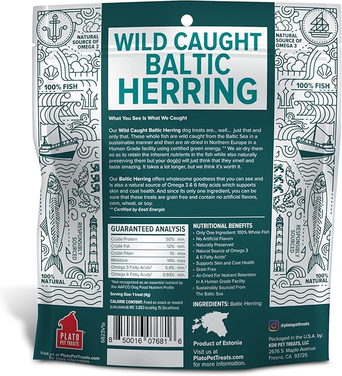 PLATO Baltic Fish Dog Treats Variety Pack, (1) Sprat 3oz and (1) Herring 3oz, 6oz Total