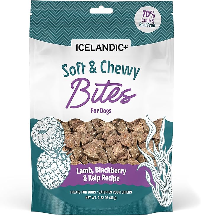 Icelandic+ Soft & Chewy Bites - Lamb, Berry & Kelp - 2.8oz Dog Treats, 70% Meat & Fruit, Air-Dried, Limited Ingredients, Pet Snack, Grain Free
