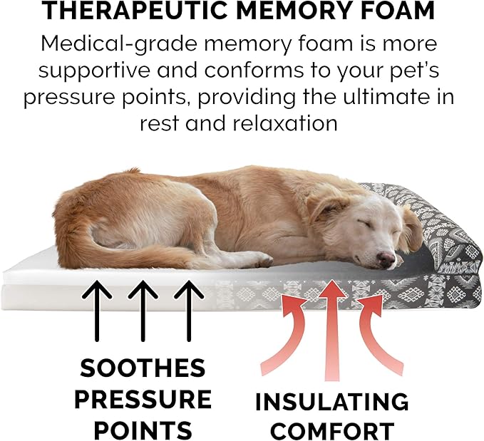 FurHaven Supportive Memory Foam Sofa Dog Bed with Washable & Removable Cover - Plush/Woven - Black Medallion, Dogs Up to 55 lbs - Large